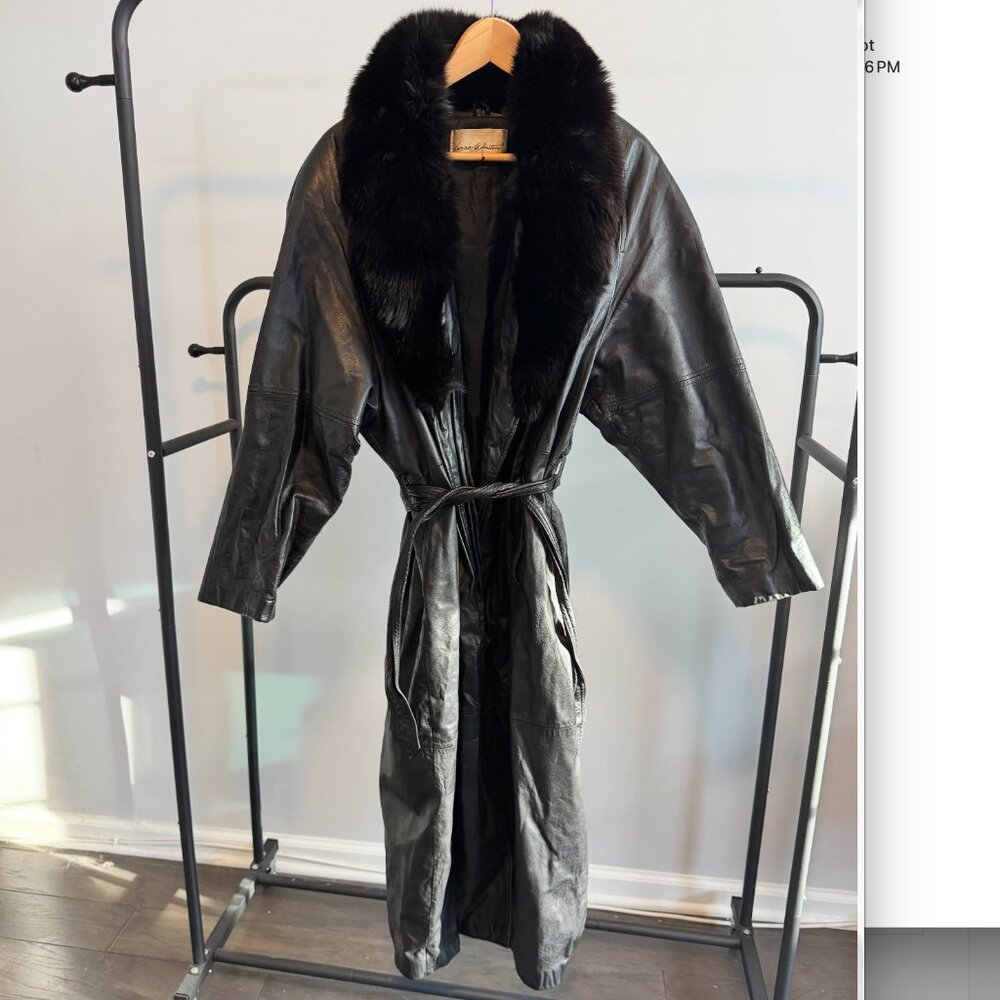 Leather & fox fur trench with belt Laura Winston
